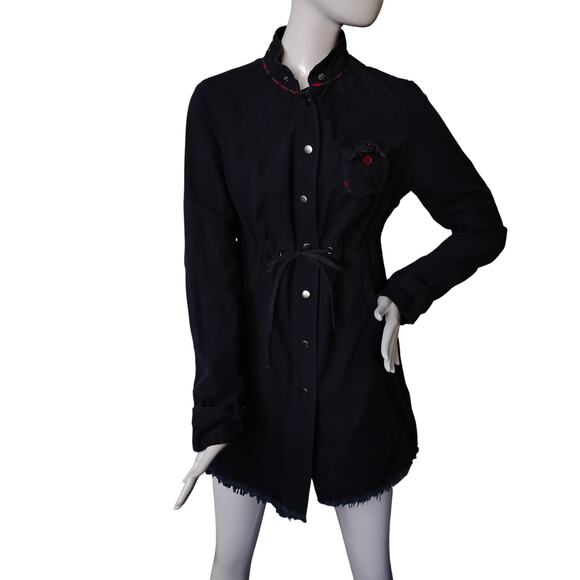 Free People 100% Cotton Utility Jacket Size 8 Navy Blue Tie at Waist Snap Button - Picture 4 of 10